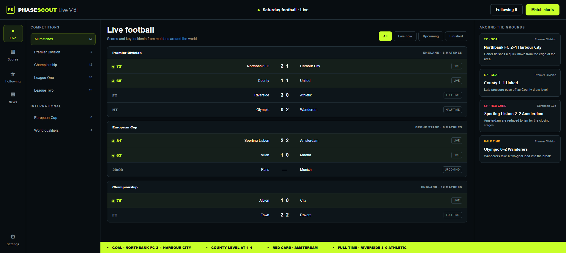 PhaseScout Live Vidi design preview showing scores, competitions and match updates