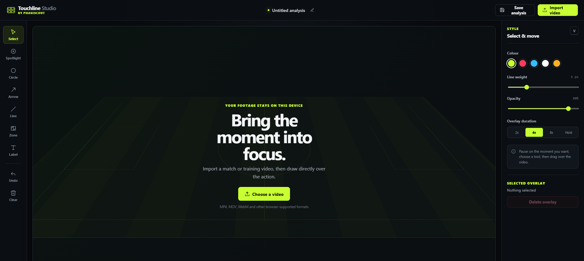 The current Touchline Studio video workspace with drawing tools and overlay controls